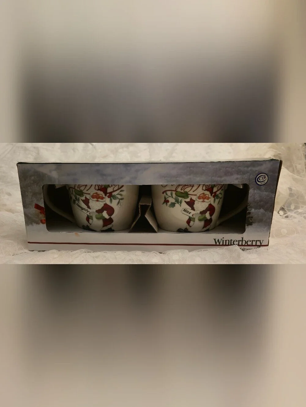 Pfaltzgraff Winterberry Santa Naughty /  Nice List Mugs  NEW w/BOX